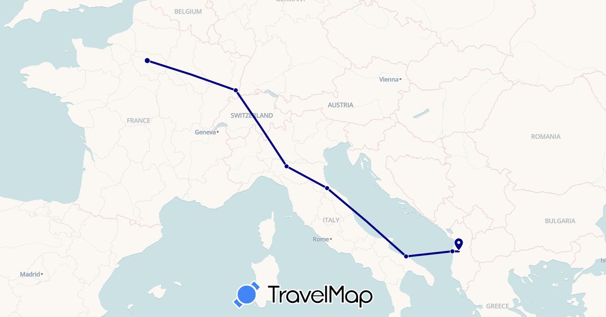 TravelMap itinerary: driving in Albania, France, Italy, San Marino (Europe)